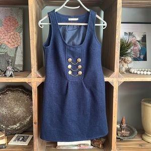 Tulle Navy Blue Wool Blend Sleeveless Sheath Button Chain Pockets Dress Size XS